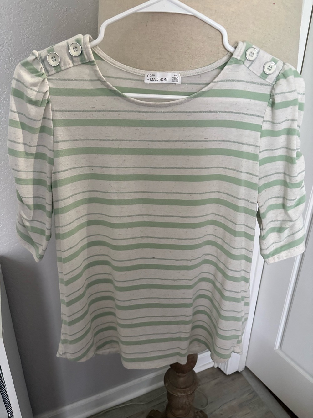 Madison Mint & White Striped Short-Sleeve Button-Shoulder Tee